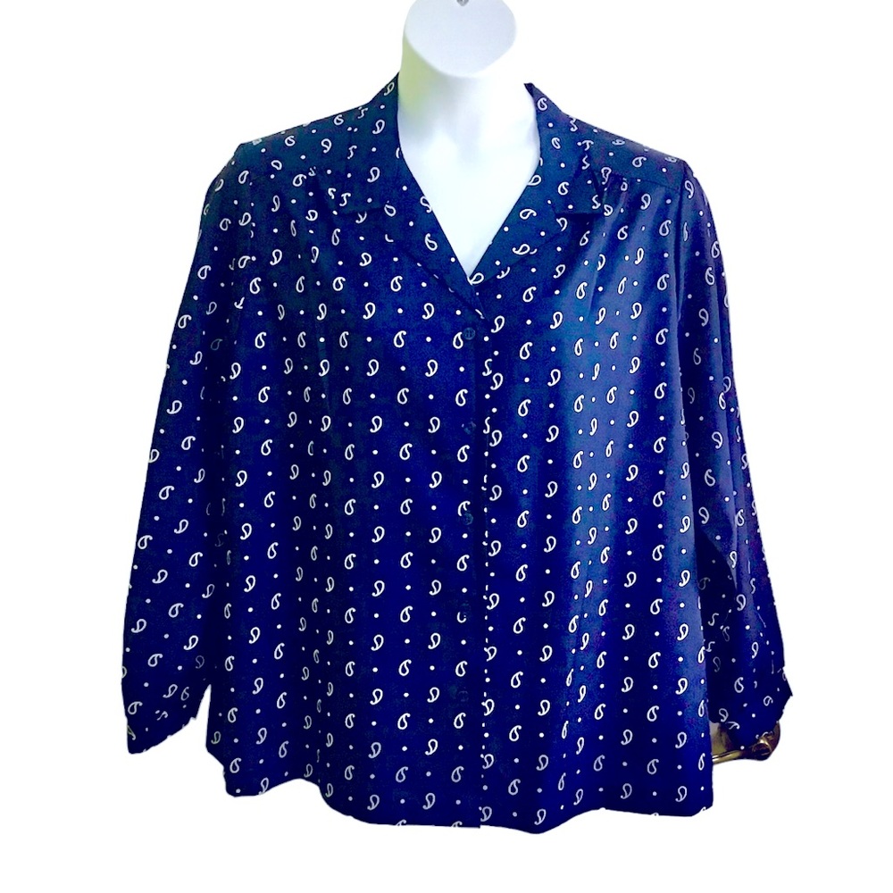 SST Women’s Button Up Paisley Print Blouse Long Sleeve Blue White Sz 46 US 16